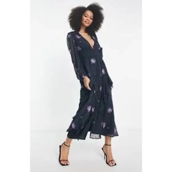 ASOS Embroidered Shirred Waist Tea Dress Charcoal Purple Midi Sz 10 Whimsigoth - Picture 4 of 10